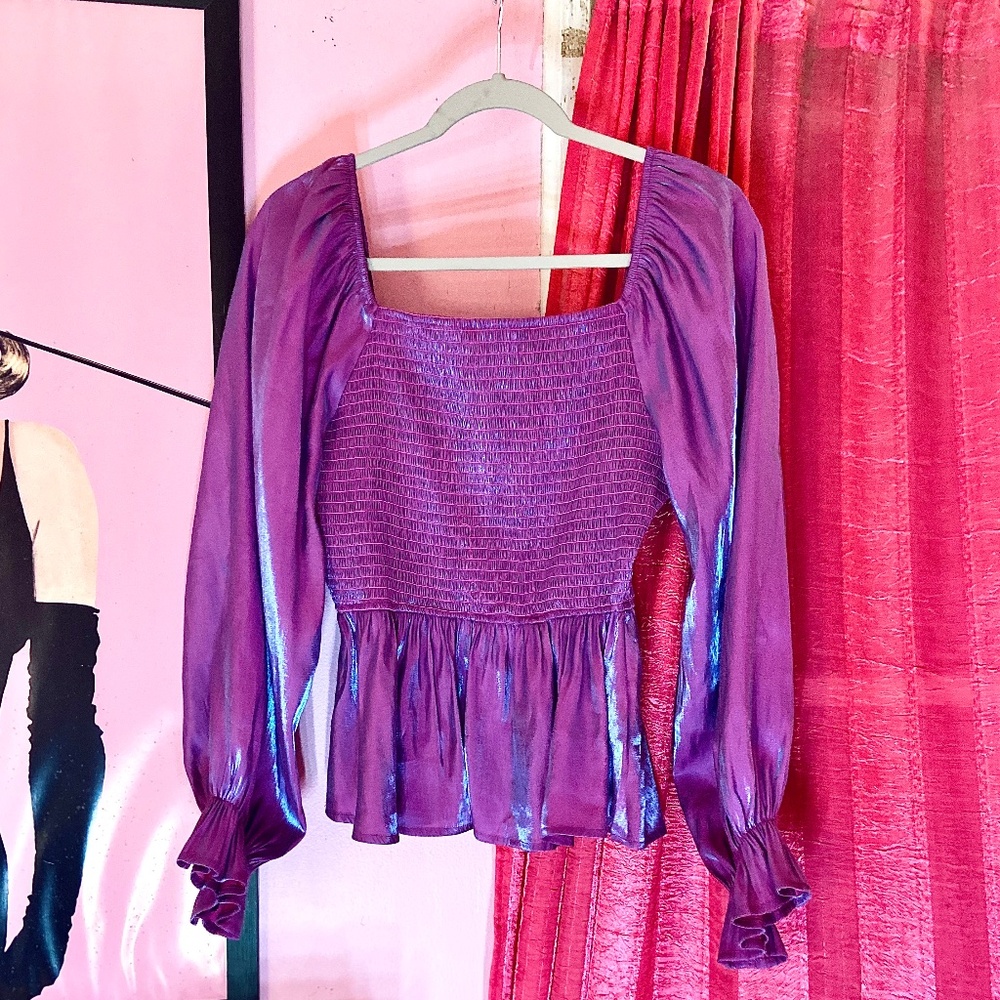 Andrée by Unit Purple Smocked Contempo Blouse Rayon Balloon Sleeve Women’s Med